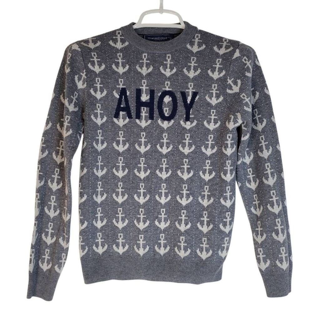 Vineyard Vines Kids Ahoy Anchor Print Merino Wool Blend Sweater Gray Medium - Picture 2 of 13